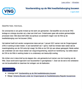 Schermafdruk bericht van de VNG aan alle gemeenten